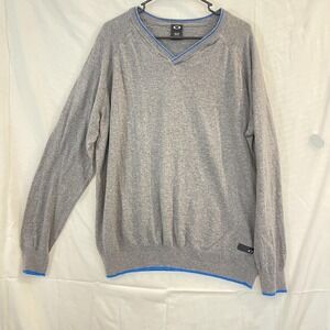 Oakley Sweater Mens 2XL Gray V Neck Tailored Fit‎ Blue Trim Raglan Pullover Knit